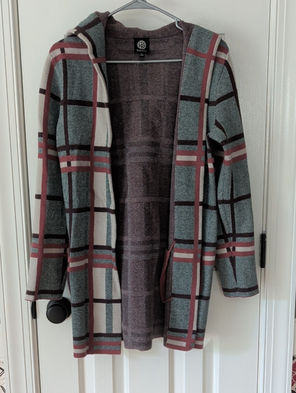 bobeau Hooded Plaid Open-Front Cardigan in Mint Green, Mauve & Cream